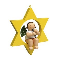 Christbaumschmuck Grünhainichener Engel im Stern mit Blockflöte