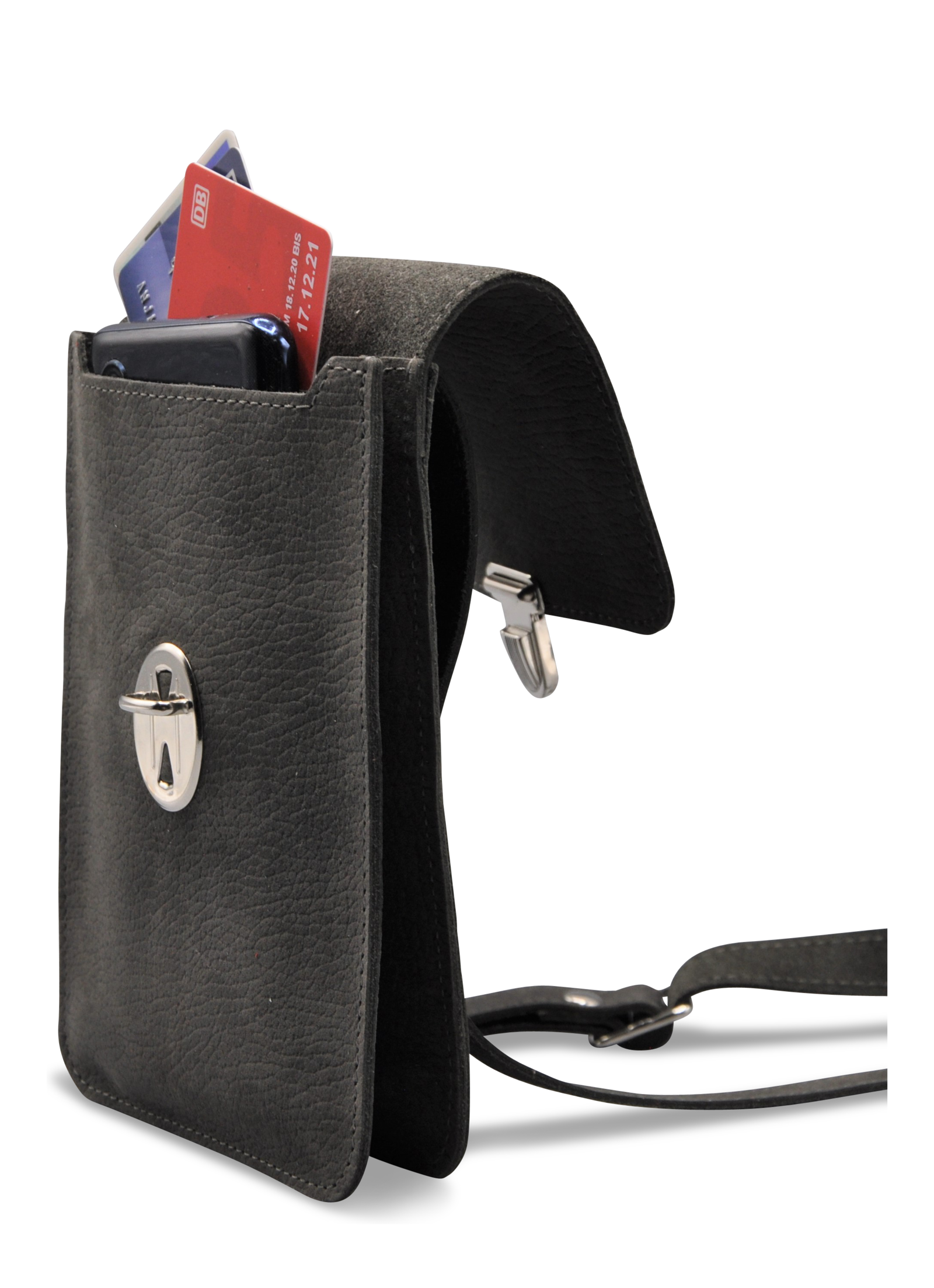 BORSA Handytasche aus grauem genarbeten Rindleder, "Elephant" stehend offen 