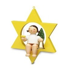 Christbaumschmuck Grünhainichener Engel im Stern mit Glocke und Kerze, klein