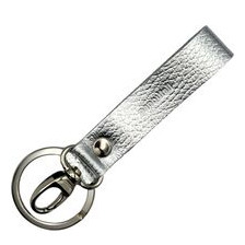 Kurzes Schlüsselband aus Leder mit Ring und Karabiner - Länge: 10 cm, Silber