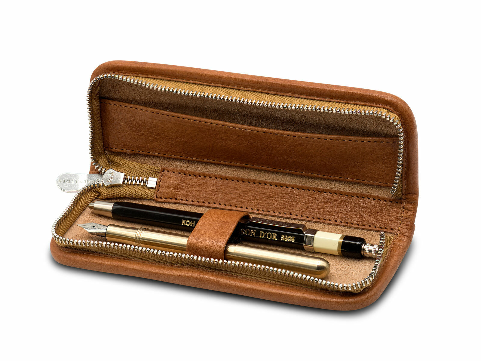 Schreibetui GRASS in natur mit Druckbleistift Metall " Toison Dór "mit Minenspitzer und Clip und Kaweco LILIPUT Füllhalter