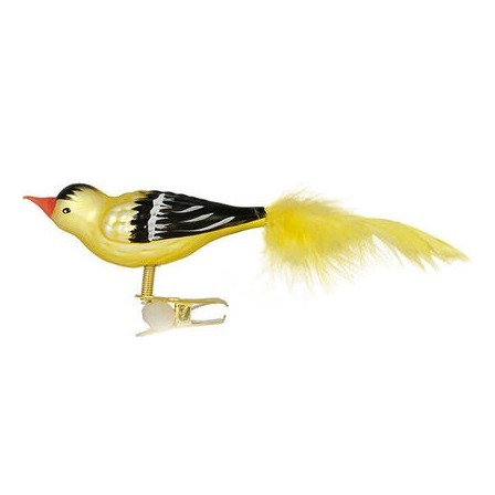 Glasvogel Stieglitz mit Feder, gelb-schwarz mit gelber Feder und Clip -  FORMOST